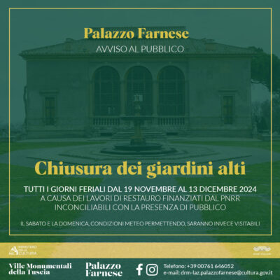 Chiusura dei giardini alti di Palazzo Farnese a Caprarola