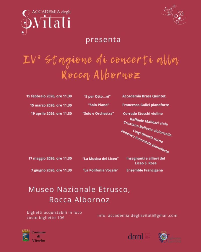 “Stagione di Concerti alla Rocca” 2026 al Museo nazionale etrusco di Rocca Albornoz a Viterbo.